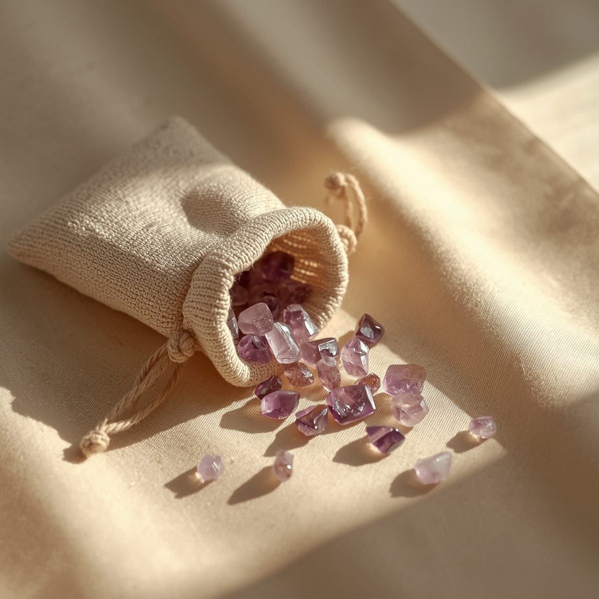 Geöffneter Leinenbeutel mit Amethyst Mini Edelsteinen auf hellem Stoffhintergrund – Symbolbild für Kundenstimmen.