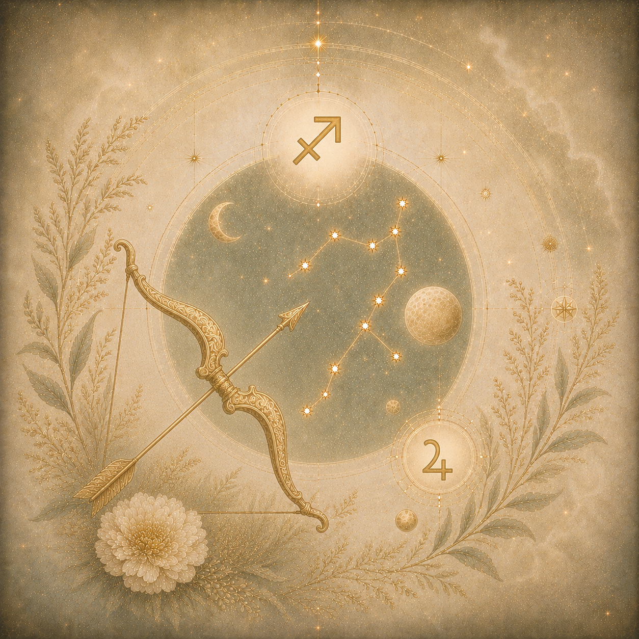 Goldfarbene Schützedarstellung mit Sternbild, Mondsymbolen und feinen Pflanzenmotiven auf einem cremefarbenen, kosmischen Hintergrund.