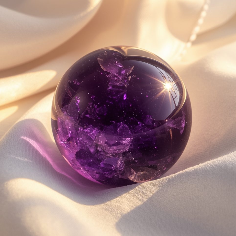 Dunkel violett-farbene Amethyst-Kugel auf hellem Stoffhintergrund – Symbolbild für das Dritte Auge und seine Edelsteine.