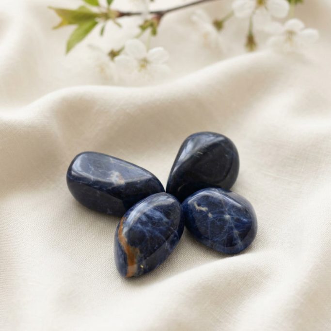 Sodalith Trommelsteine auf hellem Stoffhintergrund mit weißer Kirschblüte.