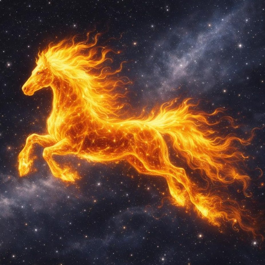 Feuriges Pferd vor einem nächtlichen Sternenhimmel als Symbol für das  Jahr des Feuerpferdes 2026 in der chinesischen Astrologie.