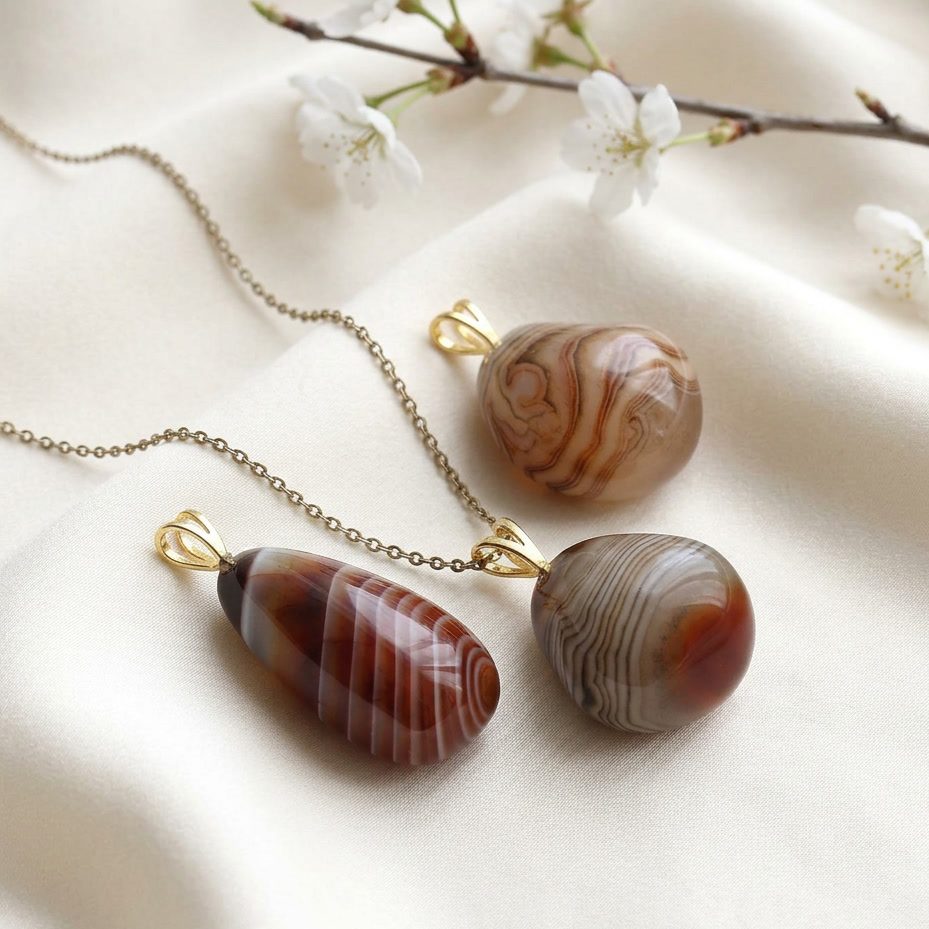 Rosenquarz Trommelsteine mit Hellem Organzabeutel auf hellem Stoffhintergrund und Kirschblütenzweig.