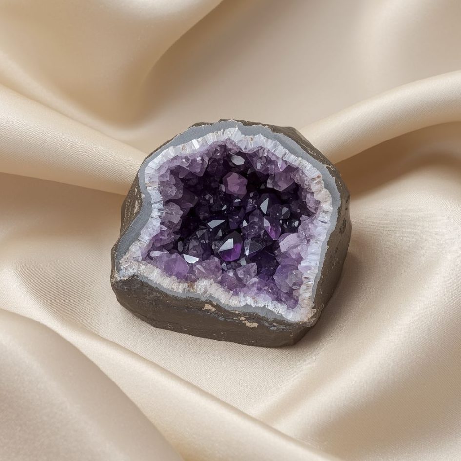 Amethyst Geode mit Kristallen auf hellem Stoffhintergrund – Symbolbild für Edelsteine und Aszendent Fische.