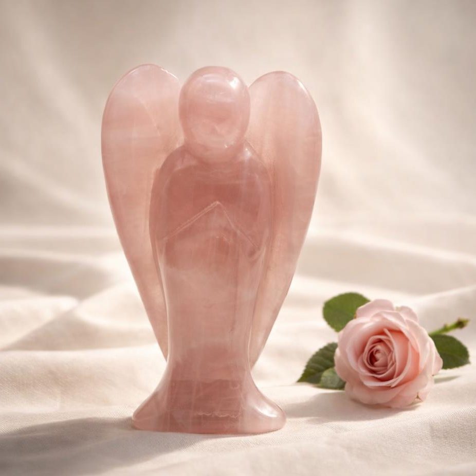 Rosenquarz Engel mit Rose auf hellem Stoff – Symbolbild für Schutzsteine und Loslassen.