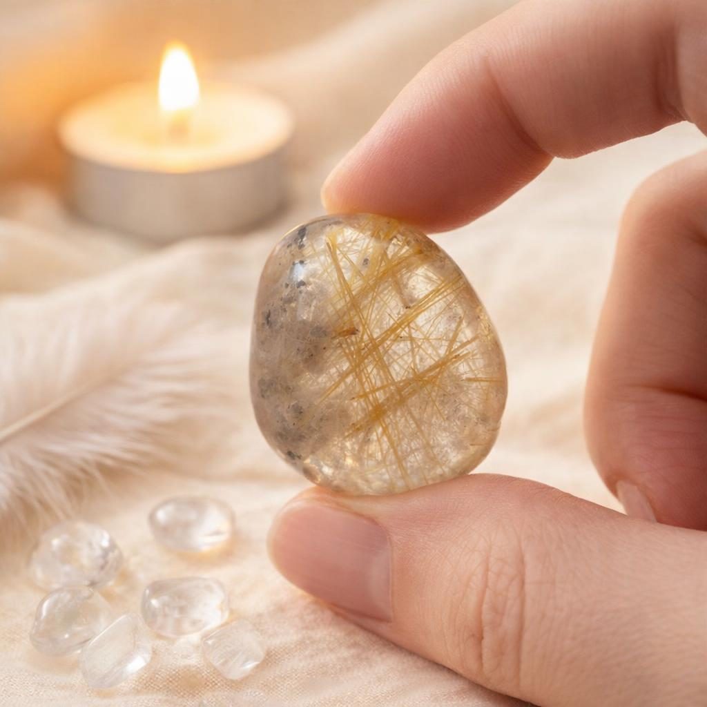 Rutilquarz Trommelstein als symbolischer Edelstein für das Jahr des Feuerpferdes 2026.