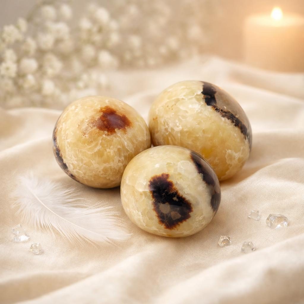 Septarie Trommelsteine auf hellem Stoffhintergrund als Symbolbild für Sternzeichen und passende Schutzsteine.