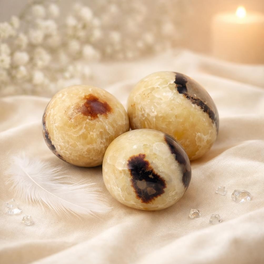 Septarie Trommelsteine auf hellem Stoffhintergrund für die Portaltage im Mai 2026.