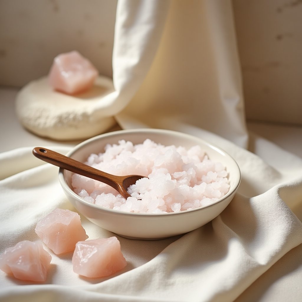 Schale mit Salzkristallen und daneben Rosenquarz Rohsteine als Symbolbild für Edelsteine entladen
