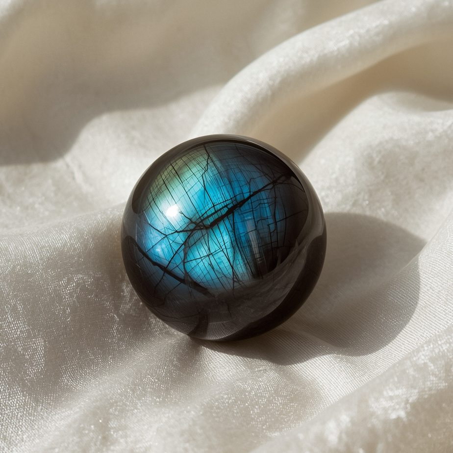 Labradorit Kugel mit Blauflash auf hellem Stoffhintergrund – Symbolbild für Edelsteine und Aszendent Wassermann.