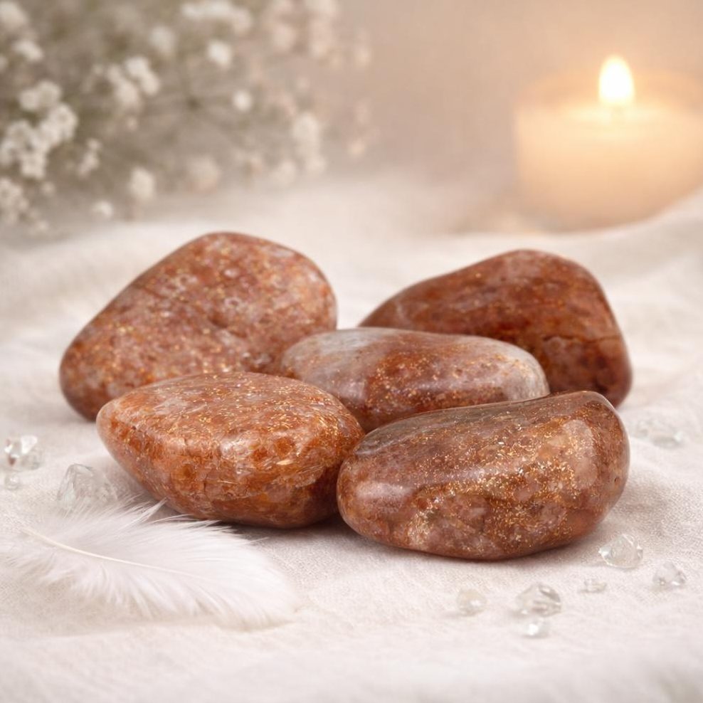 Sonnenstein Trommelsteine auf hellem Stoffhintegrund mit Kerze und weißen Blüten als Symbolbild für den Steinbock und seine Edelsteine.