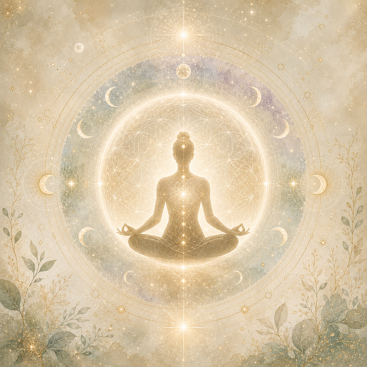 Meditierende Figur im Lotussitz vor leuchtendem Mandala mit Mondphasen, Sternen und sanften Naturmotiven in creme-goldenen Tönen.