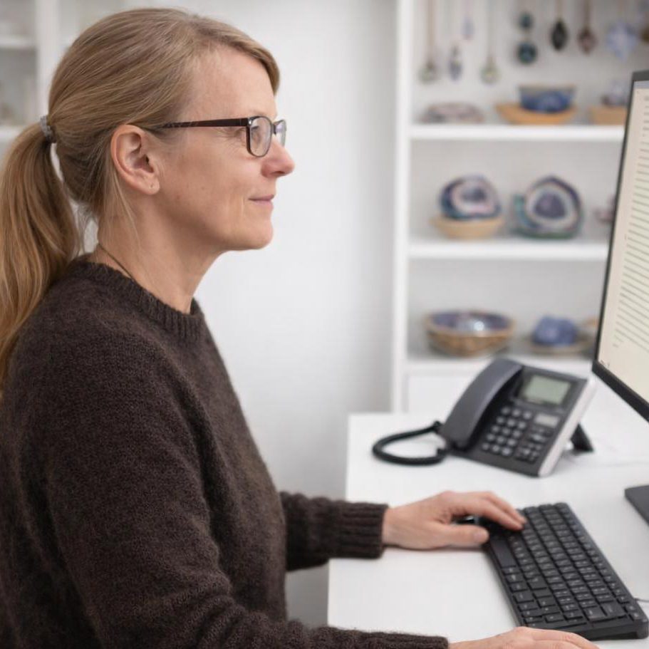 Sandra, Inhaberin von Sandras Mineralien am Schreibtisch mit PC - Symbolbild für die Kontaktseite.