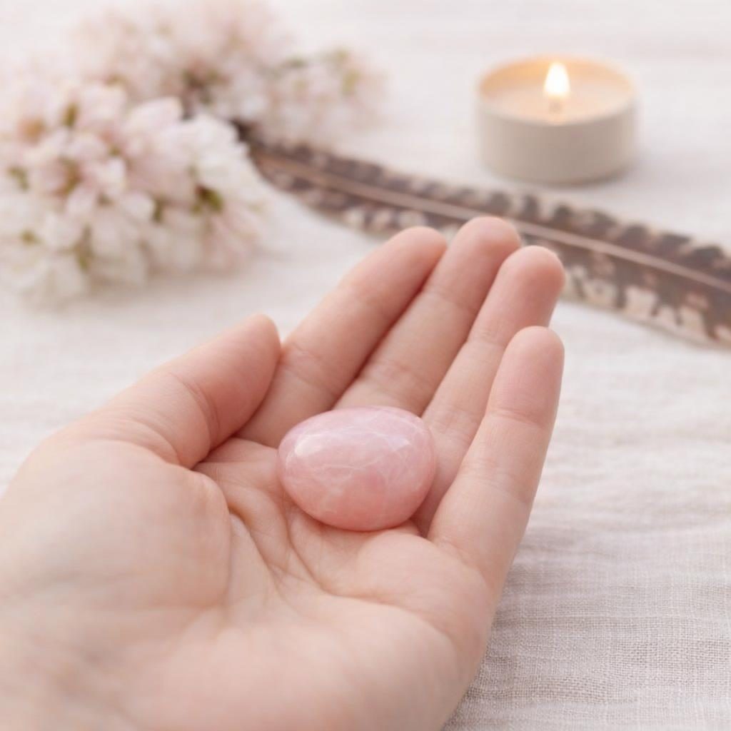 Rosenquarz Trommelstein in offener Hand gehalten als Symbol für Schutzsteine zum Loslassen.