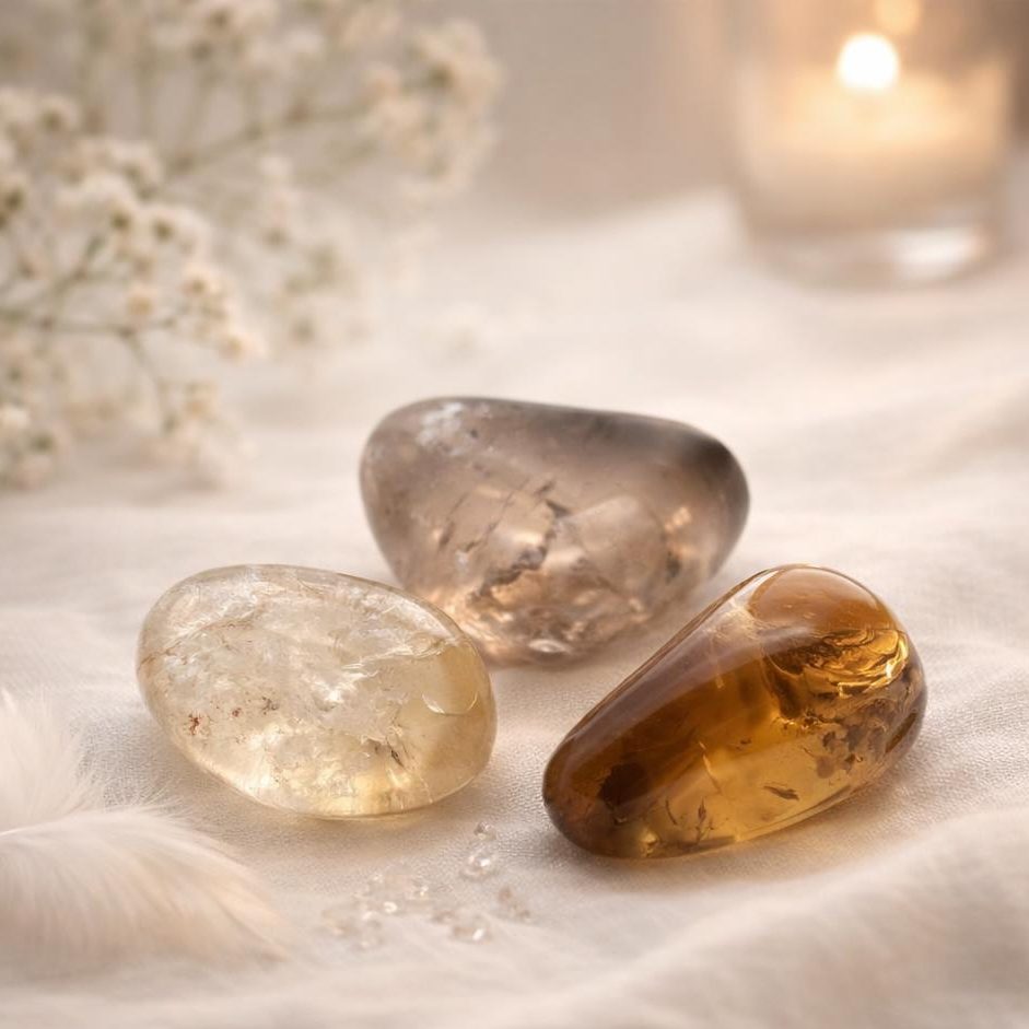 Natur-Citrin Trommelsteine auf hellem Stoffhintergrund als Symbol-Begleiter für die Portaltage im Januar 2026.