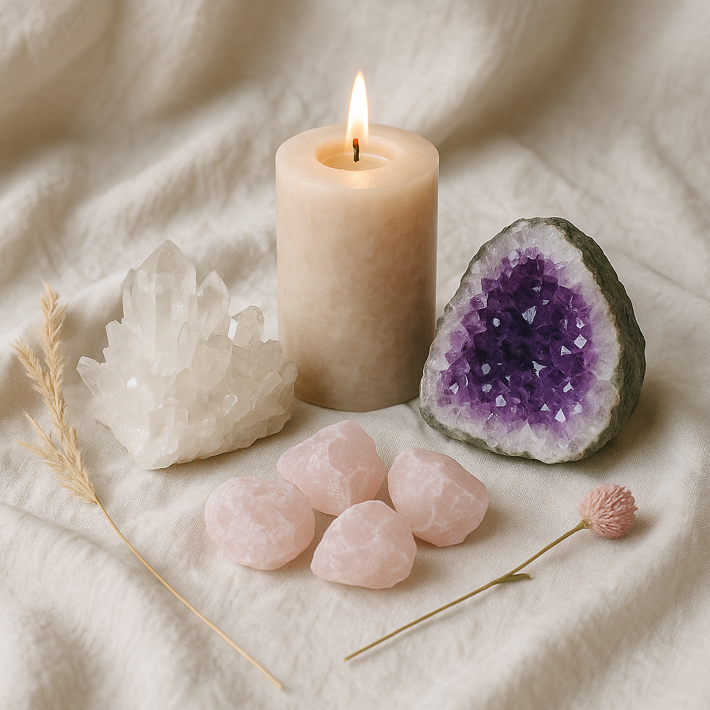 Kristalle und Mineralienstücke auf heller Steindecke – Symbolbild für Edelsteinwissen.