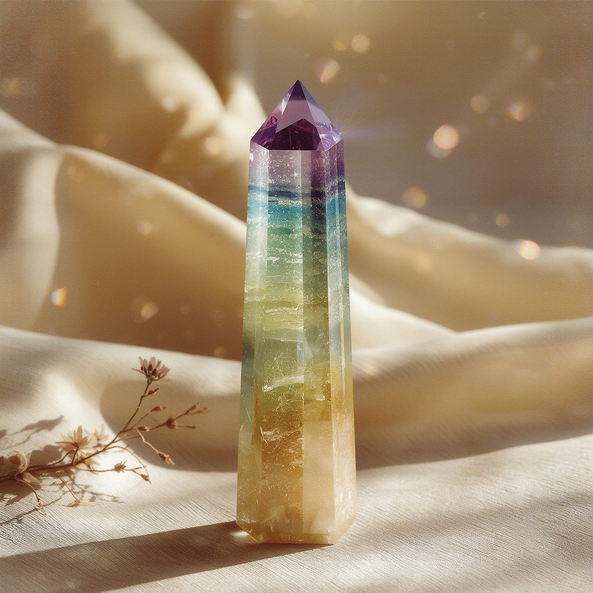 Regenbogenfluorit Spitze auf hellem Stoffhintergrund – Symbolbild für Edelsteine und Aszendent Zwillinge.