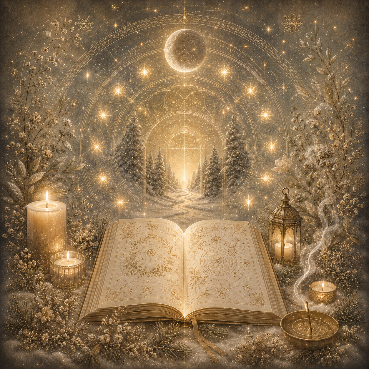 Mystische Rauhnächte-Szene mit offenem Buch, Kerzen, Mond, Winterwald und leuchtendem Sternenportal.