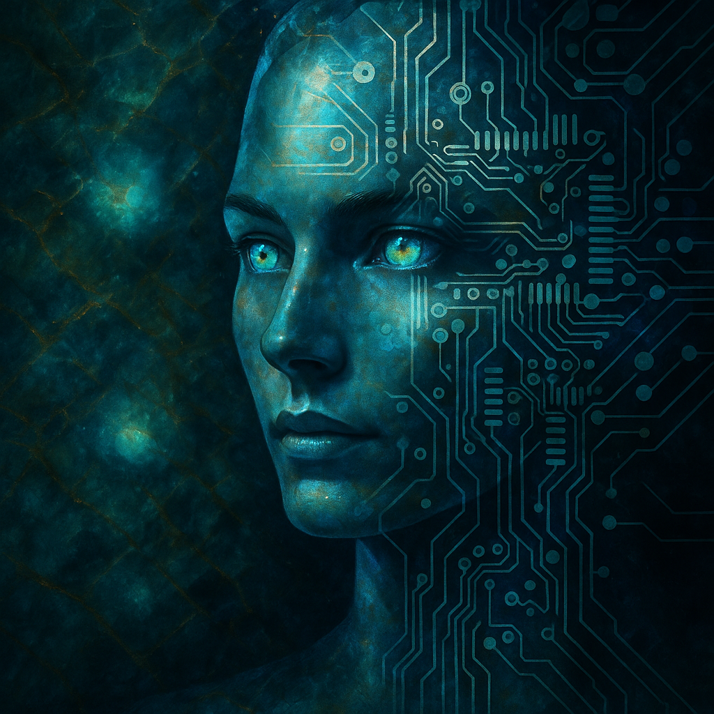 digitales KI-Gesicht mit schimmernden labradoritfarbenen Augen und subtilen, blau-grünen Lichtreflexen mit futuristischen Leiterbahnen