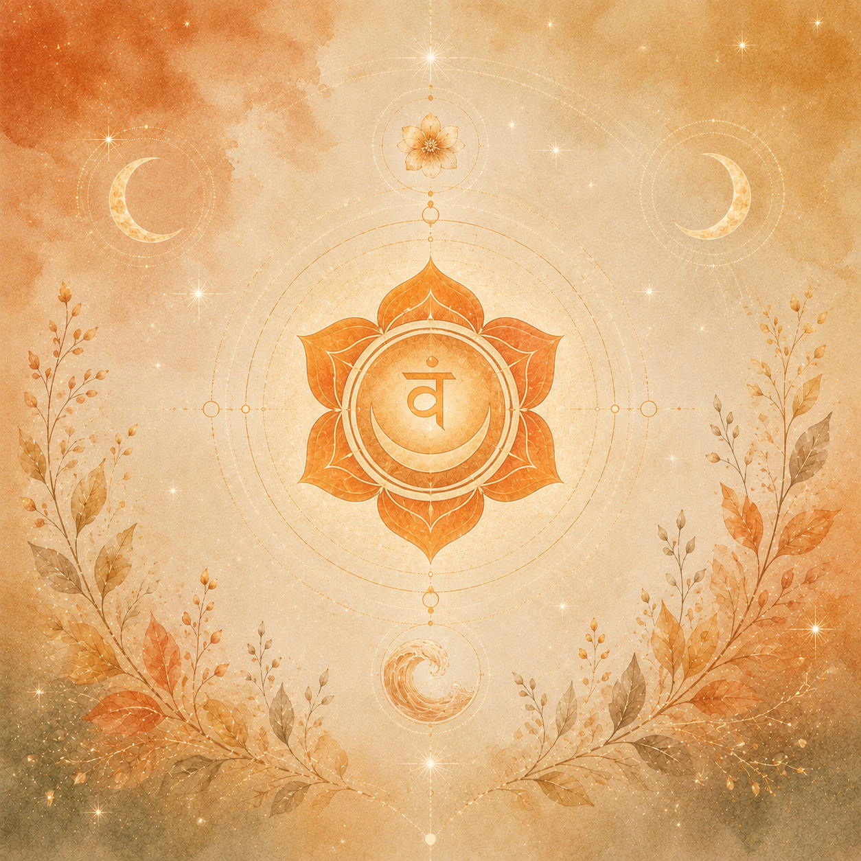 Sakralchakra-Symbol (Svadhisthana) in Orange- und Goldtönen mit geometrischen Linien, Mondsicheln und Blattranken