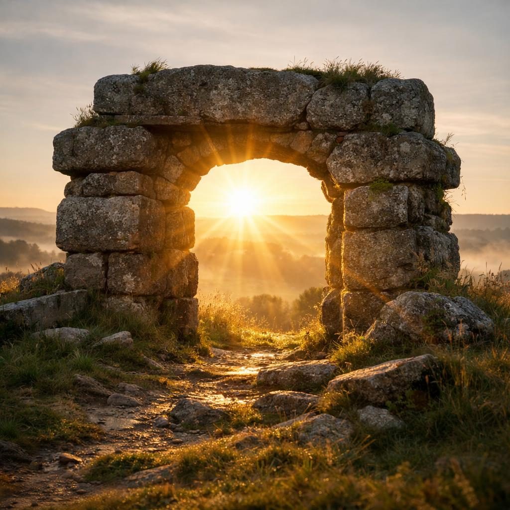 Steinportal mit erdigem Vollmond am Horizont als Symbolbild für die Portaltage im Juni 2026 und passende Edelsteine.
