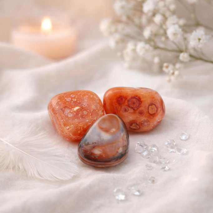 Karneol Trommelsteine im leuchtenden orange auf hellem Stoffhintergrund als Symbol für das Sternzeichen Krebs.