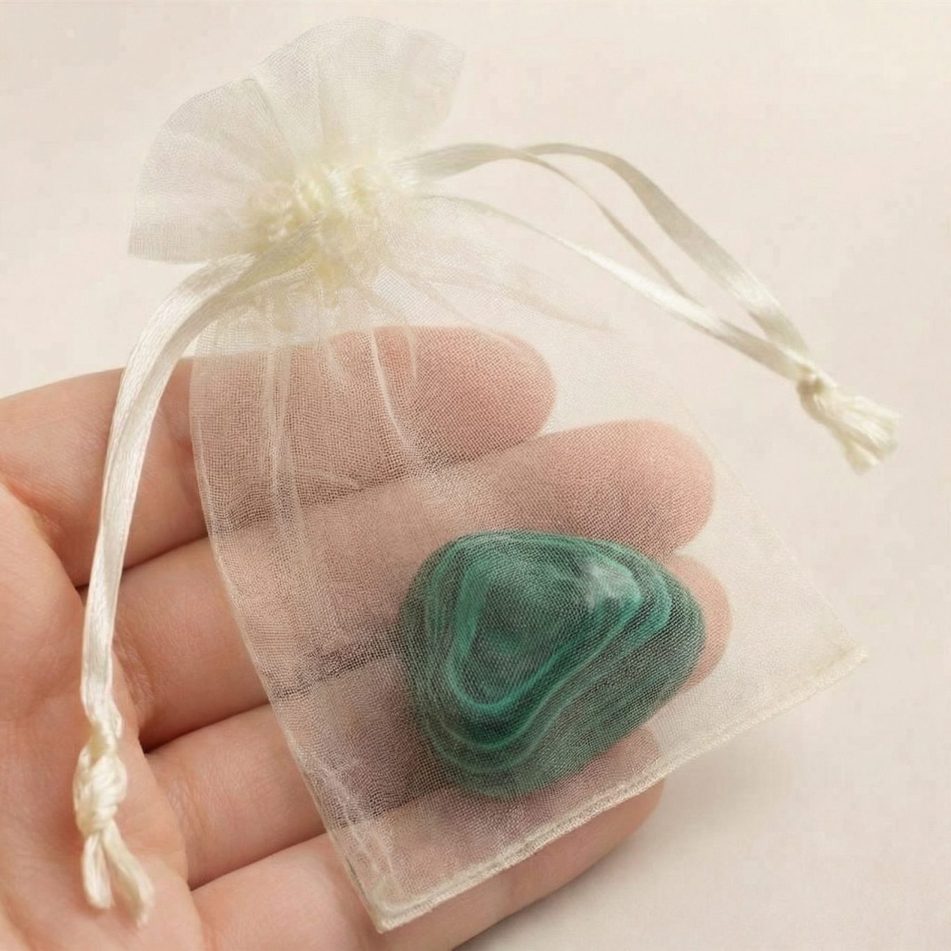 Malachit Trommelstein im Organzabeutel in der Hand gehalten.