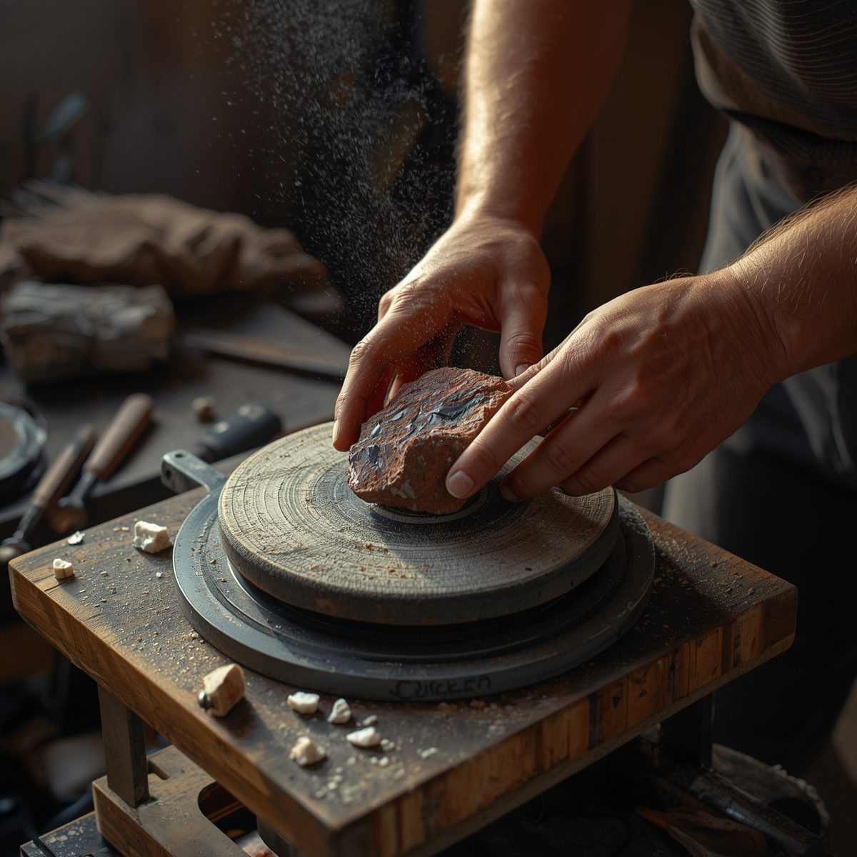 Hände die einen Rohstein schleifen - Symbolbild für "Der Weg zum Trommelstein".