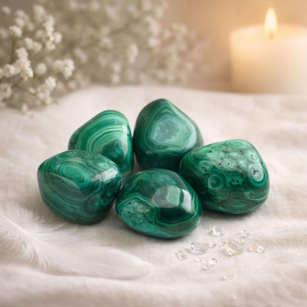 Malachit Freeform auf hellem Stoffhintergrund – Symbolbild für Sternzeichen Stier und passende Edelsteine.