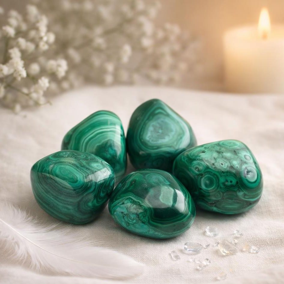 Malachit Trommelsteine auf hellem Stoffhintergrund als Symbolbild für Sternzeichen und Geburtssteine.