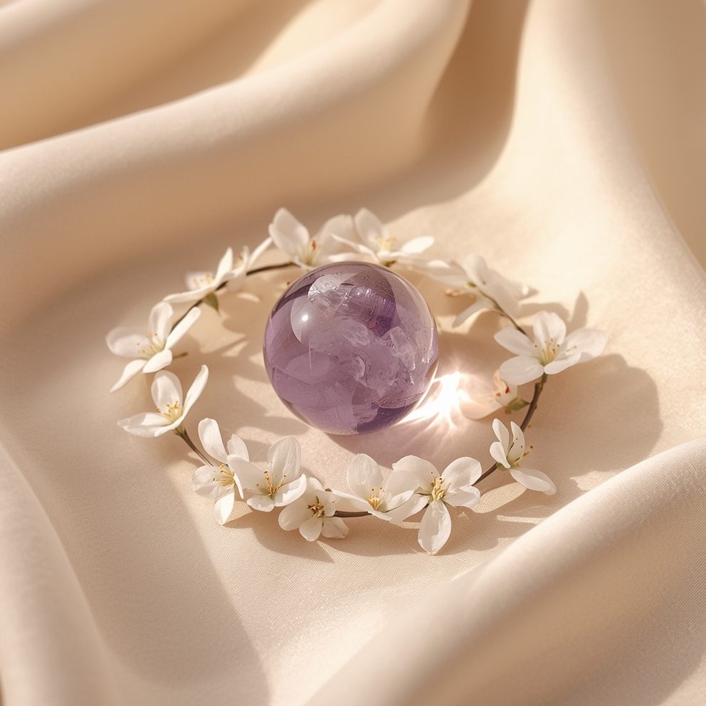 Amethyst Kugel in einem Blütenkranz auf hellem Stoffhintergrund – Symbol für Schutzsteine & Yoga.