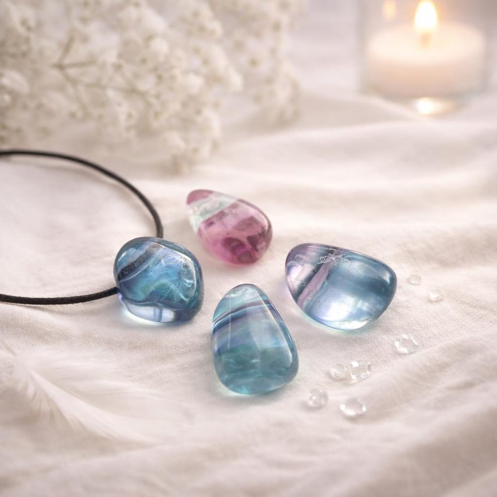 Gebohrte bunte Fluorit Trommelsteine als Schmuckanhänger für das Sternzeichen Wassermann.