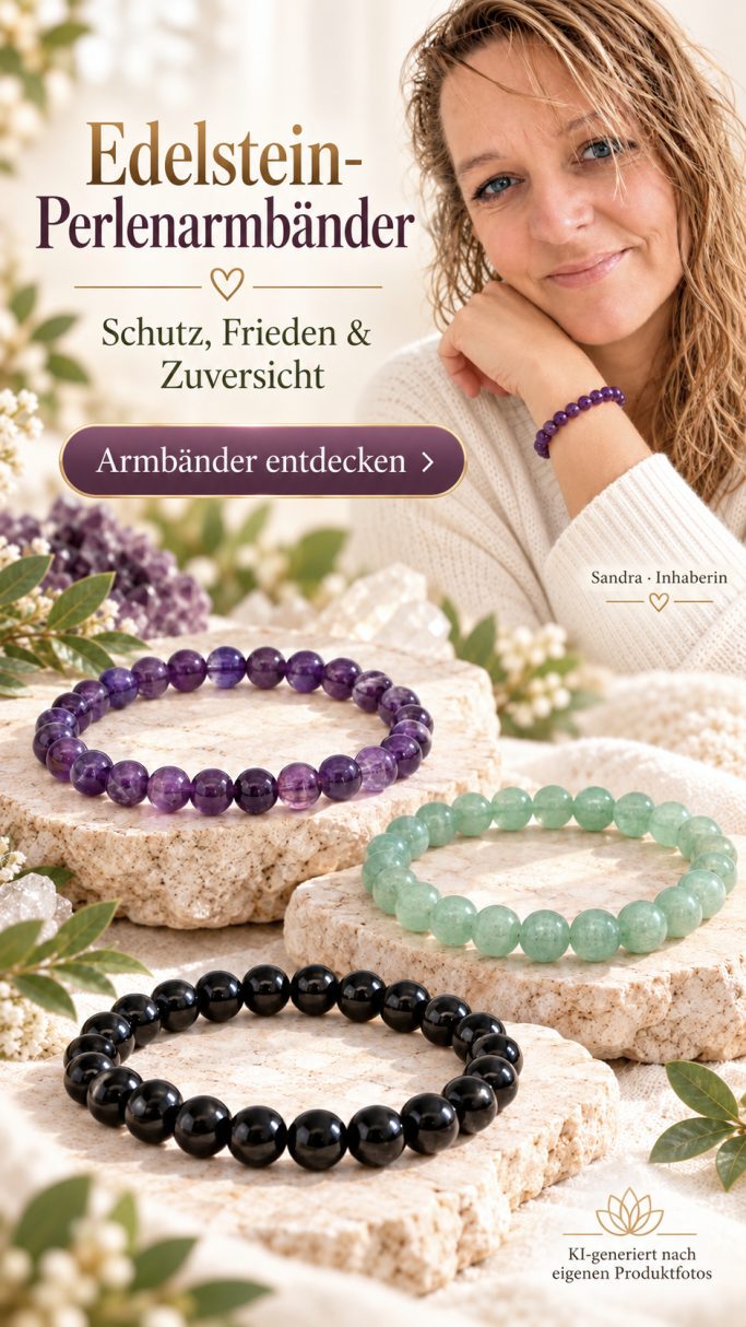 Edelstein-Perlenarmbänder aus Amethyst, grünem Aventurin und schwarzem Obsidian mit Inhaberin Sandra vor warmem, hellem Hintergrund.