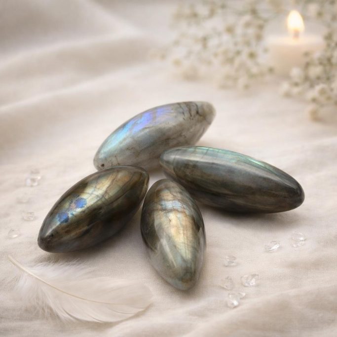 Labradorit in Olivenform auf hellem Stoffhintergrund mit Bergkristall-Chips, Teelicht und weißen Blüten im Hintergrund.