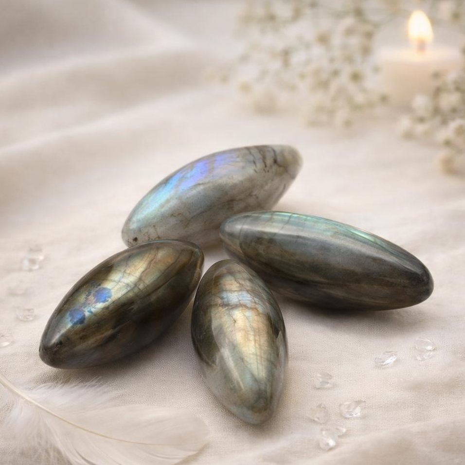 Labradorit Oliven auf hellem Stoffhintergrund mit Kerze und weißen Blüten – Symbolbild für das Sternzeichen Wassermann.