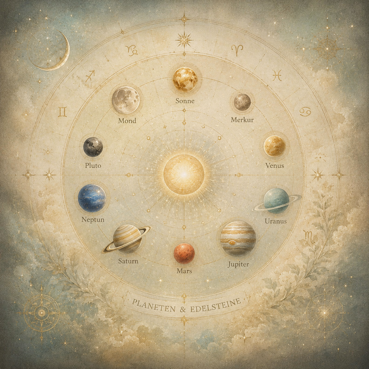 Planeten und passende Edelsteine – astrologische Darstellung von Sonne, Mond und Planeten