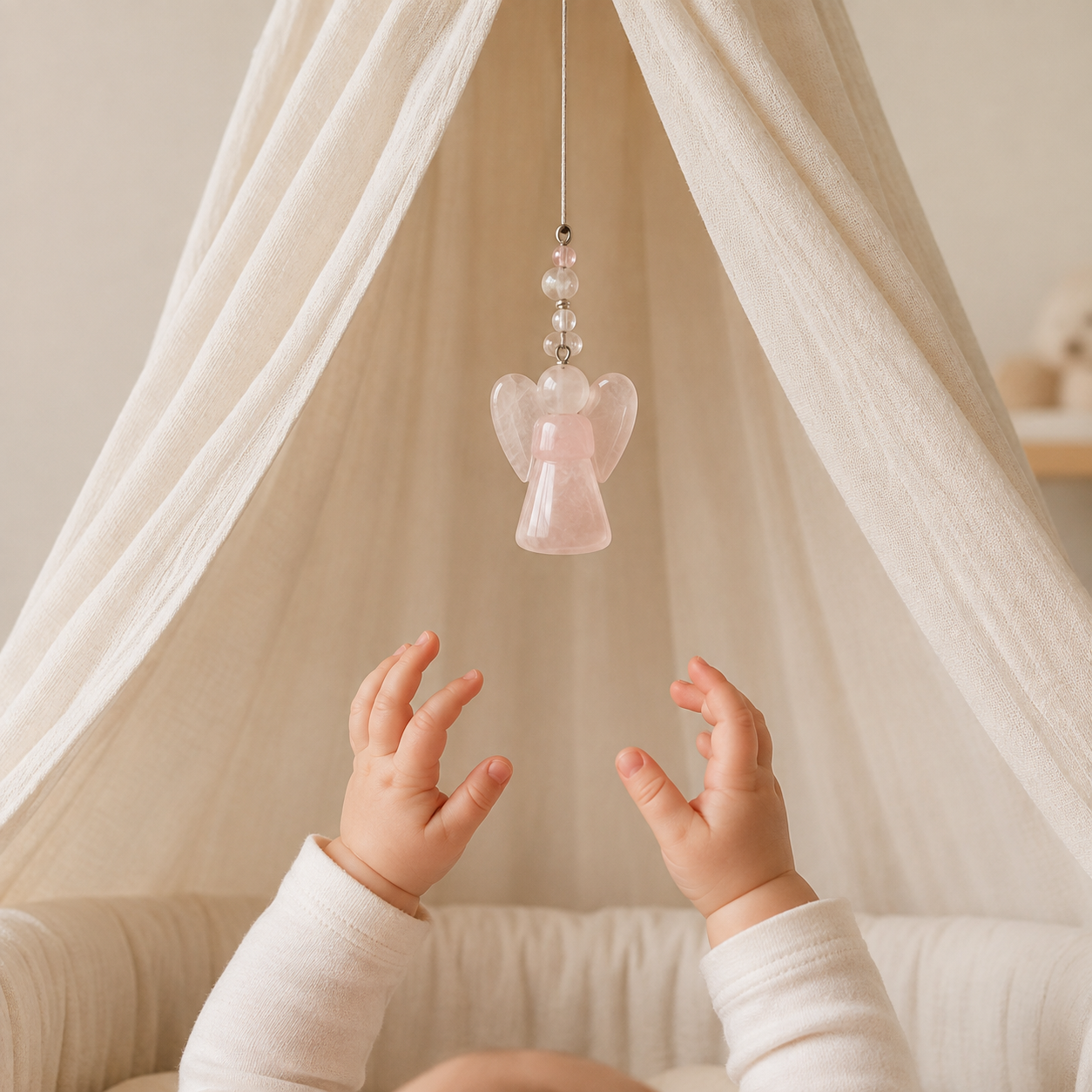 Babyhände greifen nach Rosenquarz-Anhänger – Engel am Betthimmel – Symbolbild für Geburtssteine und Sternzeichen.