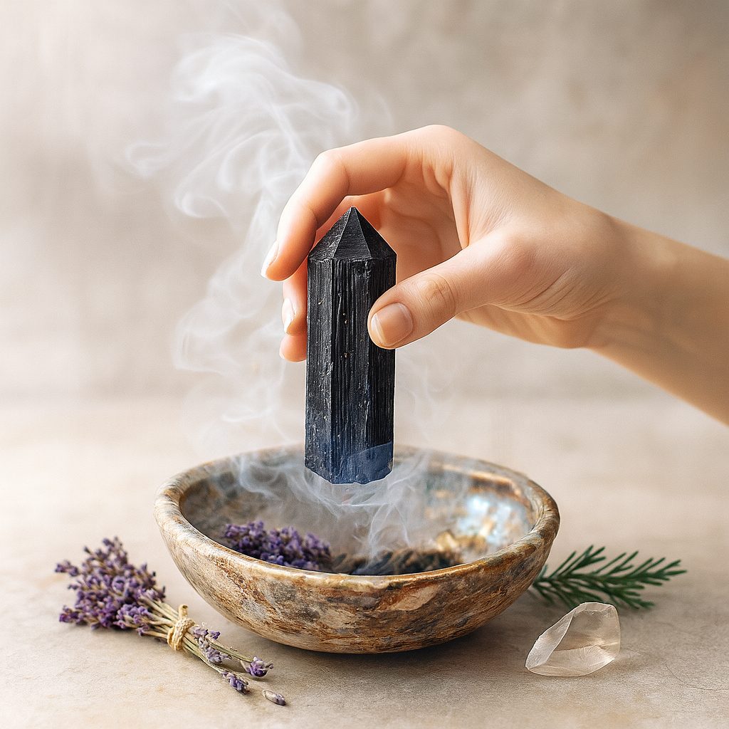 Schwarze Turmalin Spitze über Steinschale im Rauch gehalten als Symbol für Schutzsteine reinigen.