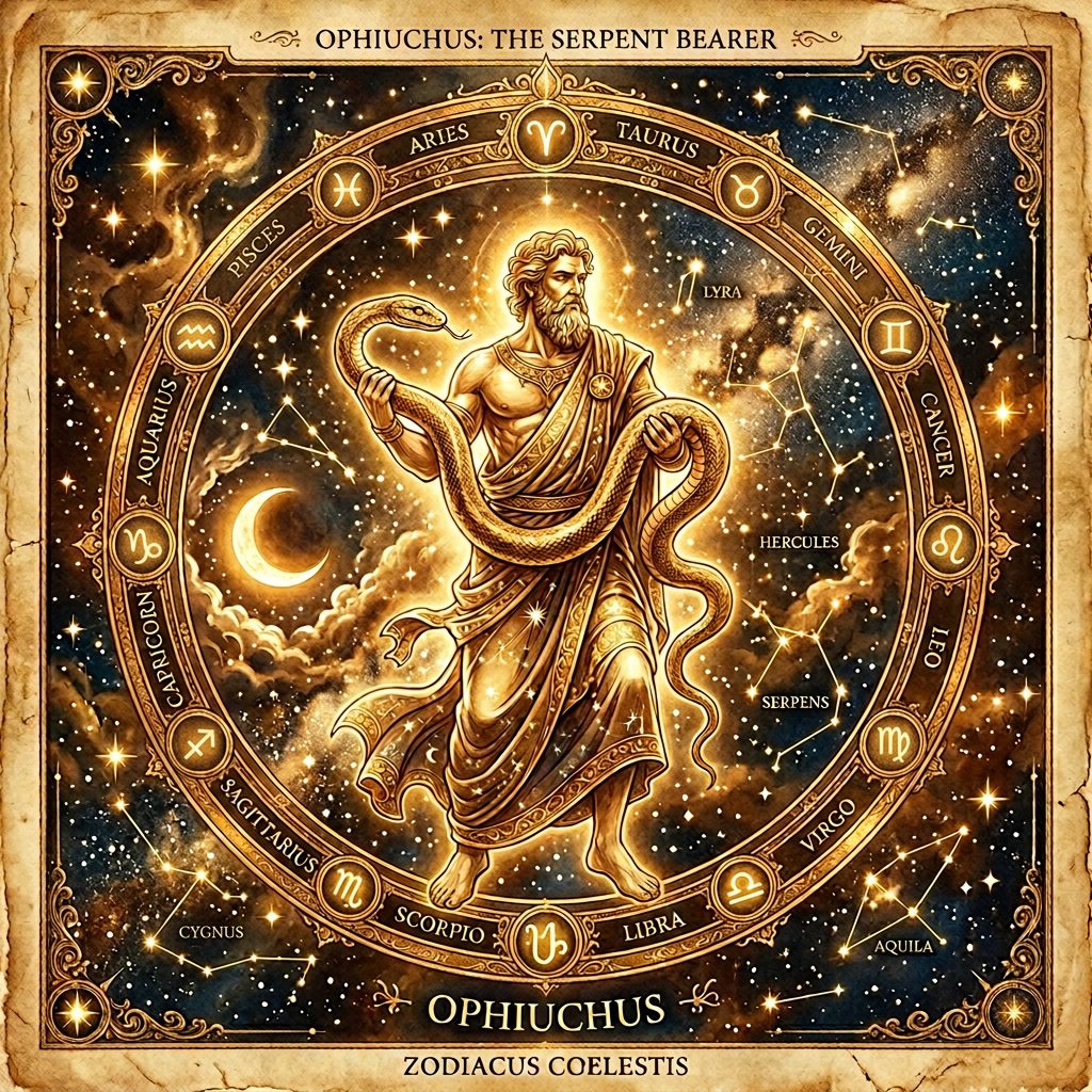 Rauchquarz-Stufe auf hellem Stoffhintergrund mit Kerze und weißen Blüten – Symbolbild für das 13. Sternzeichen Ophiuchus.