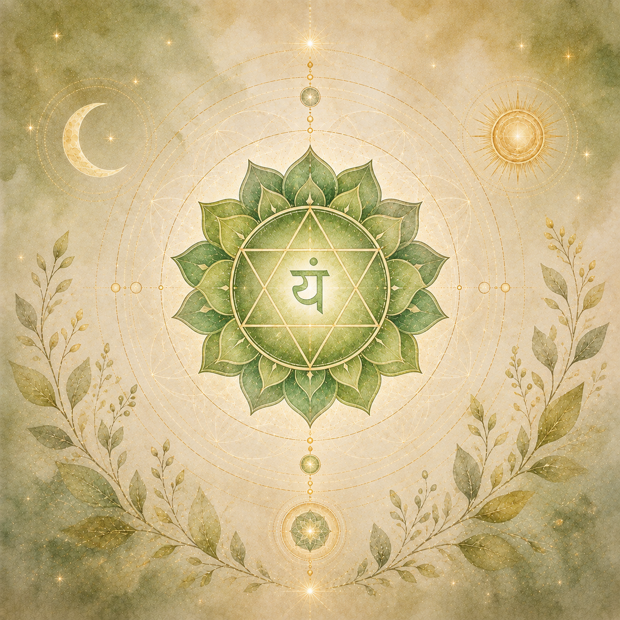 Herzchakra-Symbol (Anahata) in Grüntönen mit Lotus und Sanskrit-Zeichen