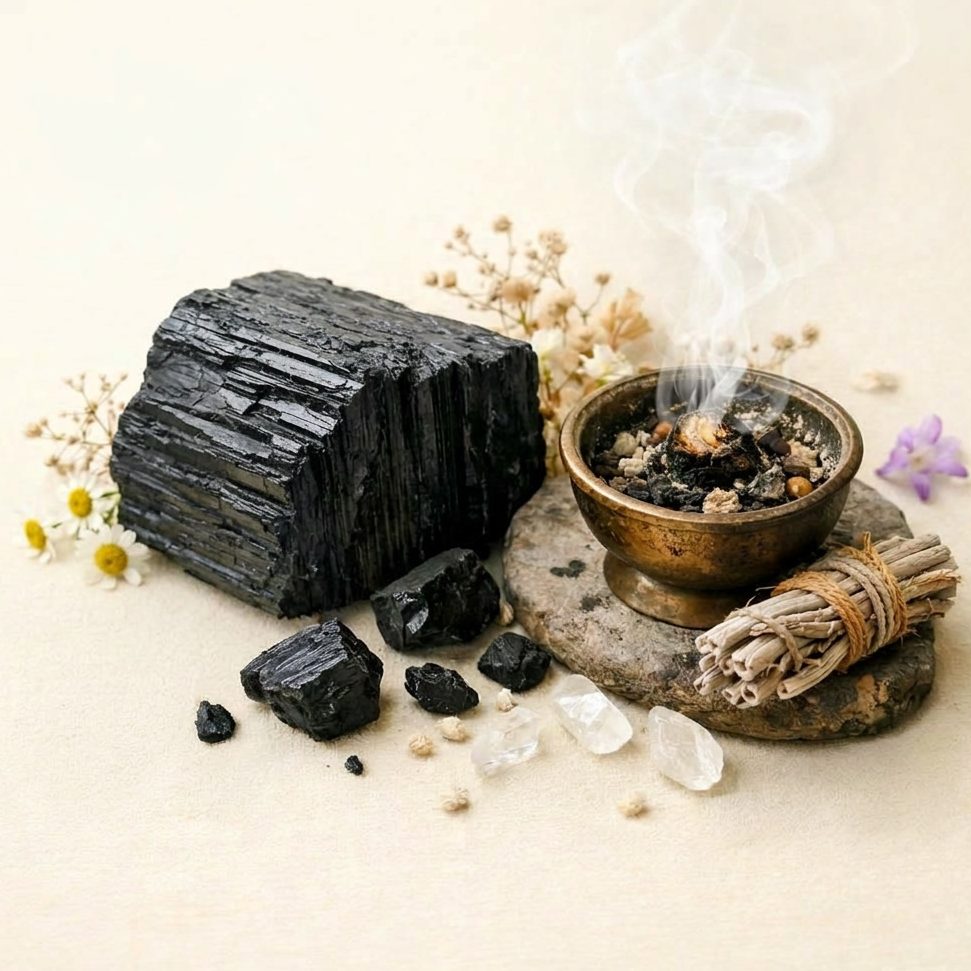 Schwarzer Schörl/Turmalin auf hellem Hintergrund mit Räucherschale und Blüten – Symbolbild für Schutzsteine Übersicht.