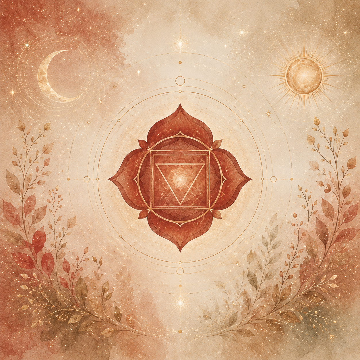 Wurzelchakra-Symbol (Muladhara) in warmen Rot- und Erdtönen mit geometrischen Linien, Sonne, Mond und Blattranken.