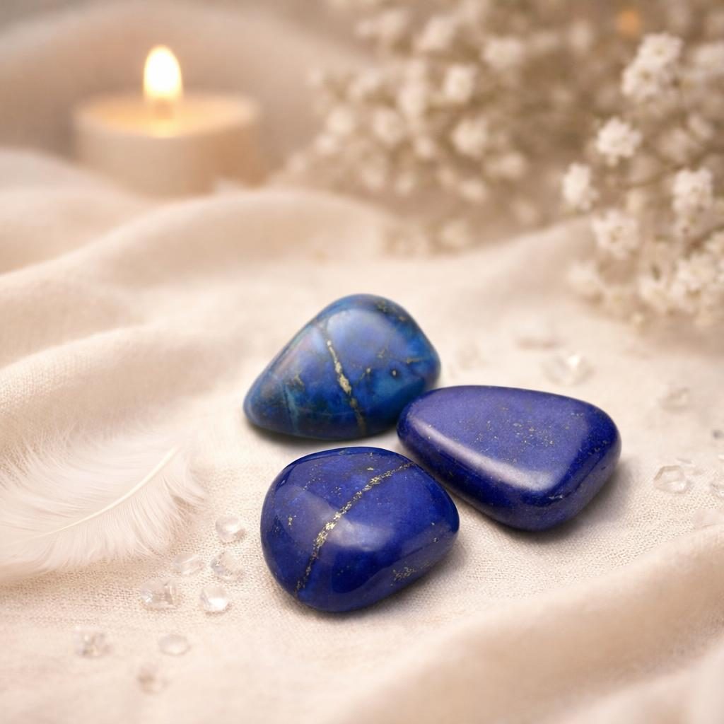 Lapislazuli Trommelsteine mit Pyrit auf hellem Stoffhintergrund – Symbolbild für Steine und Chakren.