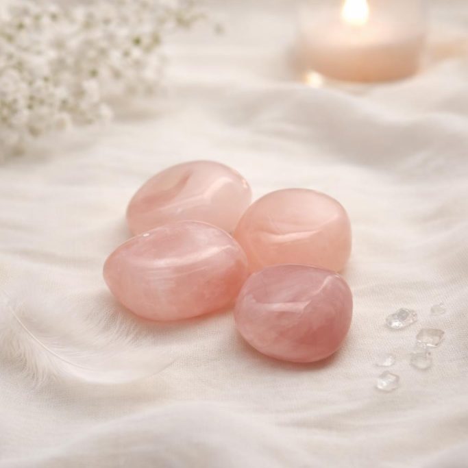 Rosenquarz auf hellem Stoffhintergrund mit Kerze und weißen Blüten.