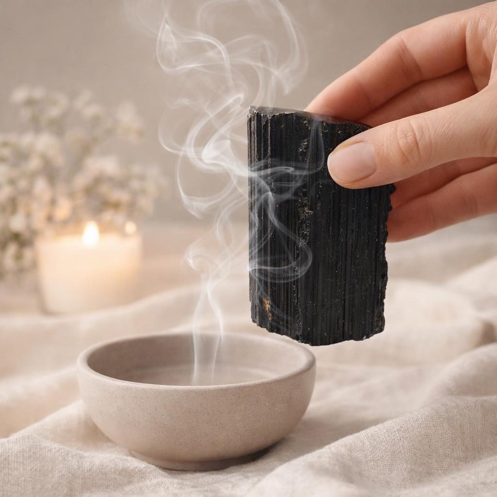 Schwarzer Turmalin im Rauch gehalten – Symbol für Erdung, Naturkraft und das Aufladen von Steinen im Räucherritual.