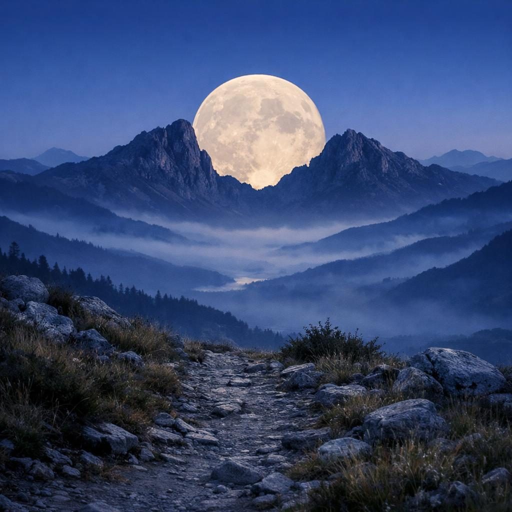 Vollmond über dem Gebirge als Symbolbild für Vollmond und Neumond im Juni 2026 und passende Edelsteine.