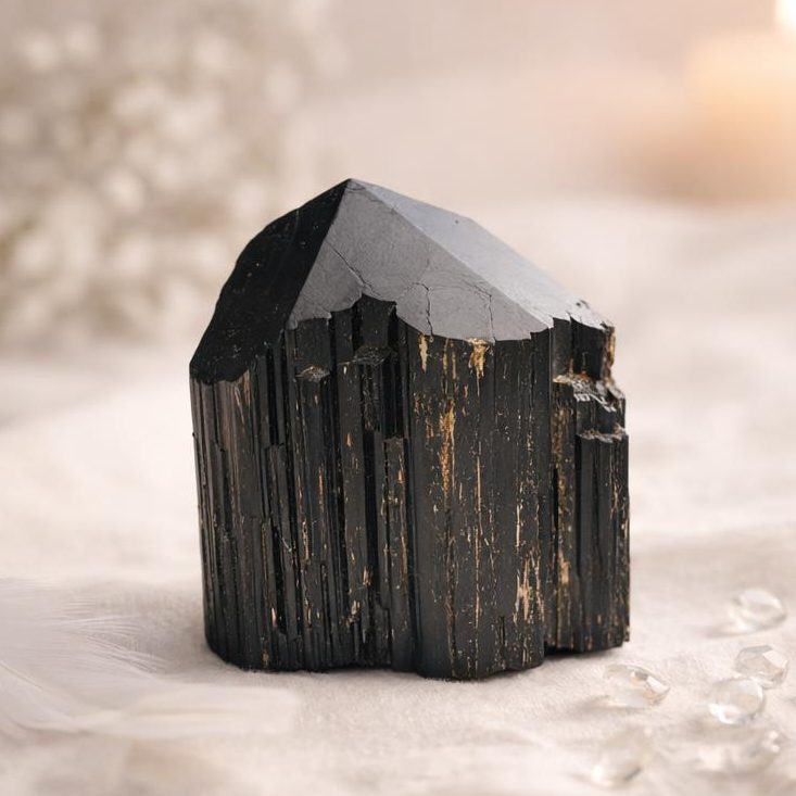 Schwarzer Turmalin Turm auf hellem Stoffhintergrund, im Hintergrund weiße Blüten – Symbolbild für Schutzsteine und Sternzeichen.