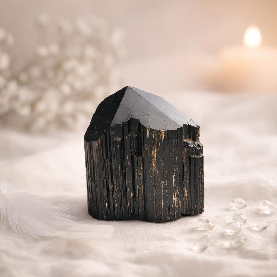 Schörl Anschliff auf hellem Stoffhintergrund mit Kerze und weißen Blüten als Symbol für Schutzsteine Übersicht.