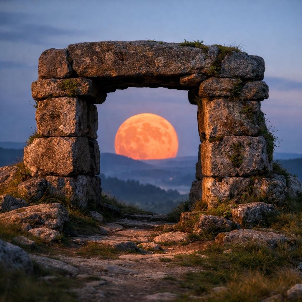 Steintor mit orange-farbenen Mond am Himmel als Symbolbild für die Portaltage im Mai 2026.