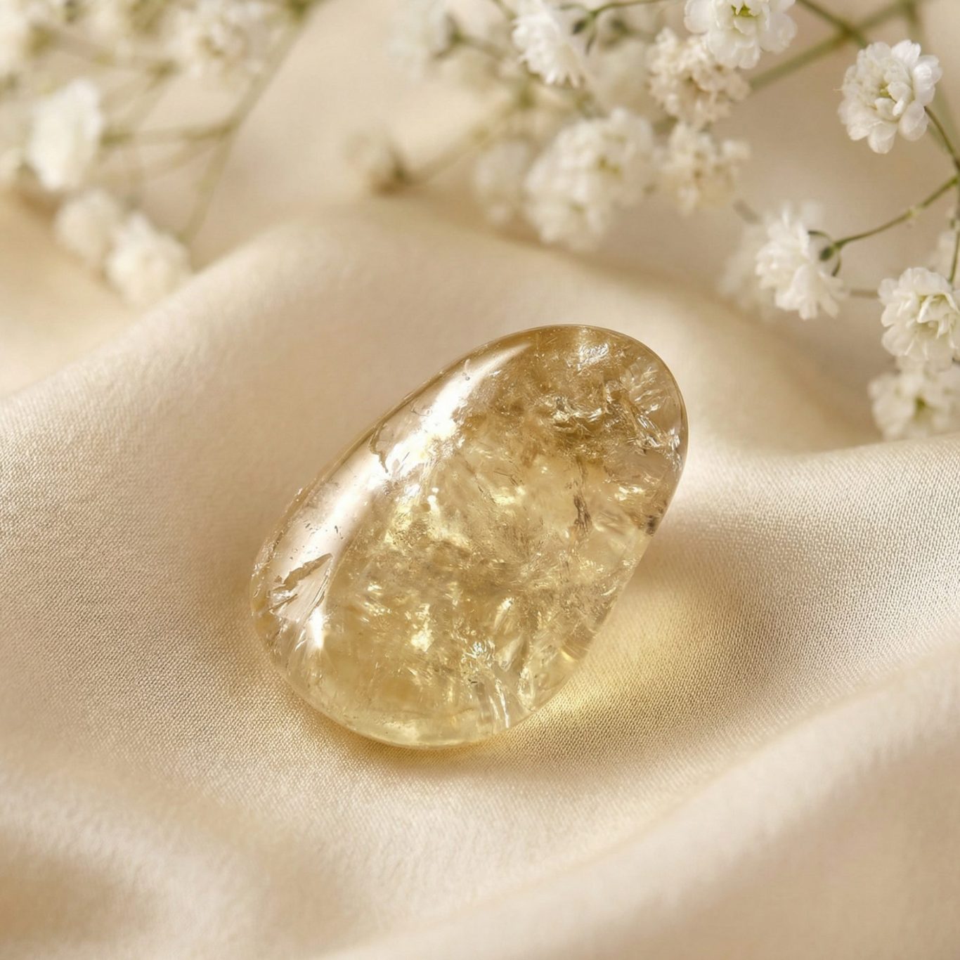 Natur Citrin Trommelstein auf hellem Stoffhintergrund – Symbolbild  Edelsteine für das Sakralchakra.