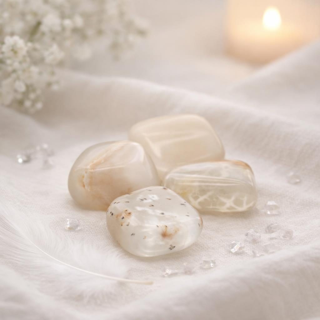 Mondstein Trommelsteine in hell creme und leicht gemustert auf hellem Stoffhintergrund – Symbolbild für Portaltage im Januar 2026.